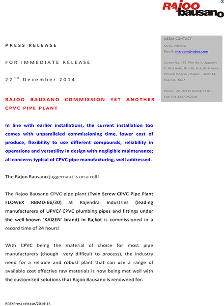 Rajoo Bausano Commission yet another CPVC PIPE Plant