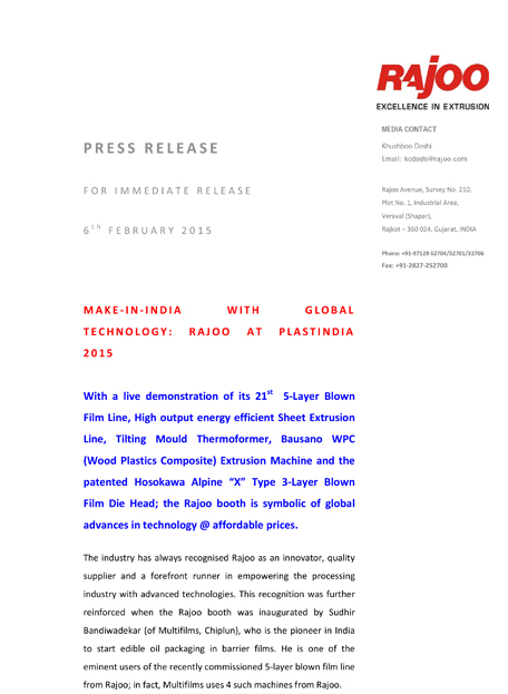 Make in India with Global Technology: Rajoo at Plastindia 2015