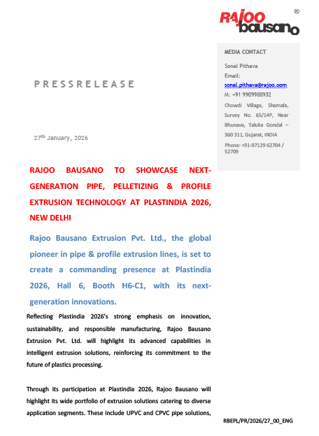Press Note for Rajoo Bausano - Plastindia 2026