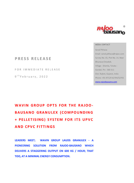 Wavin Group Opts For The Rajoo Bausano Granulex