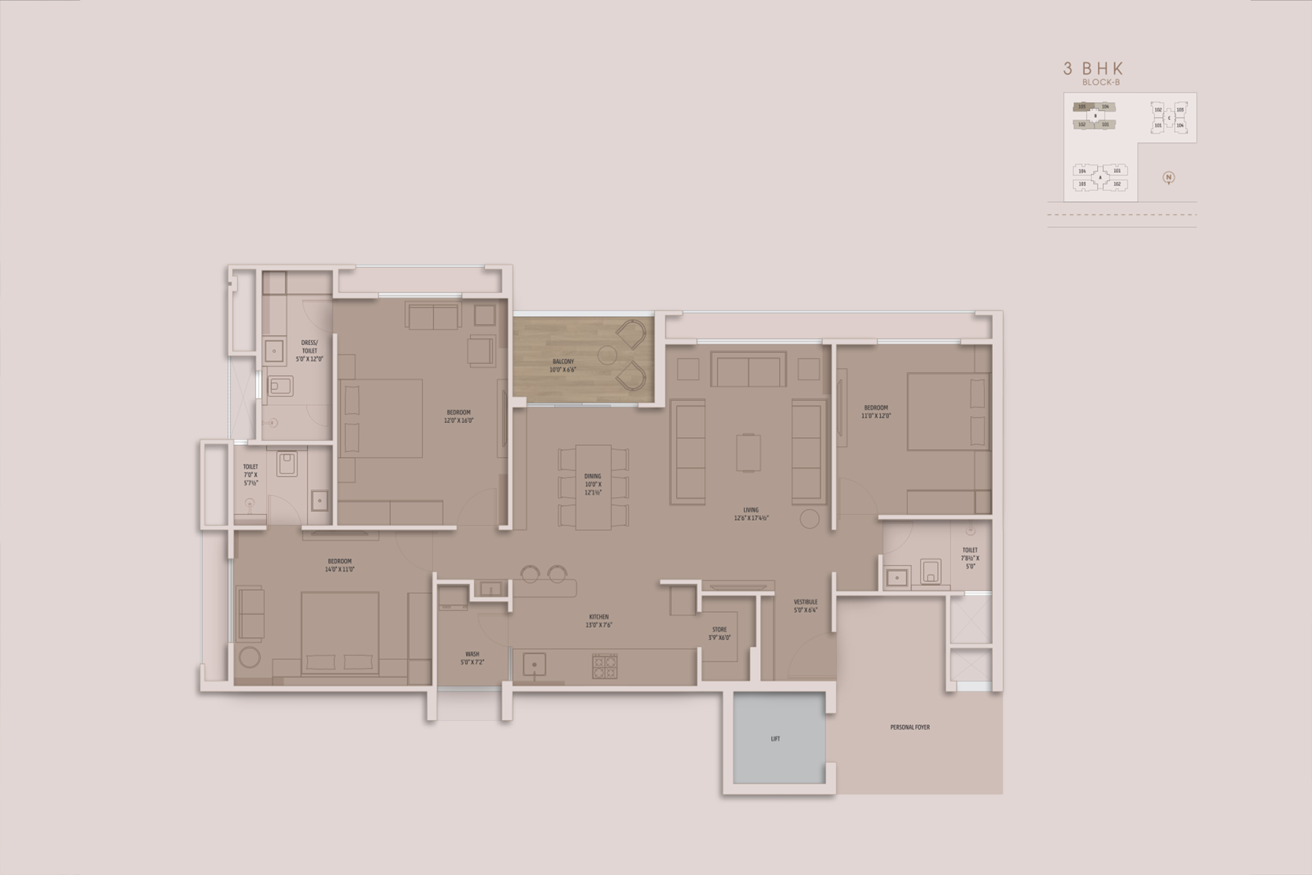 Unit Type C — 3 BHK floor plan