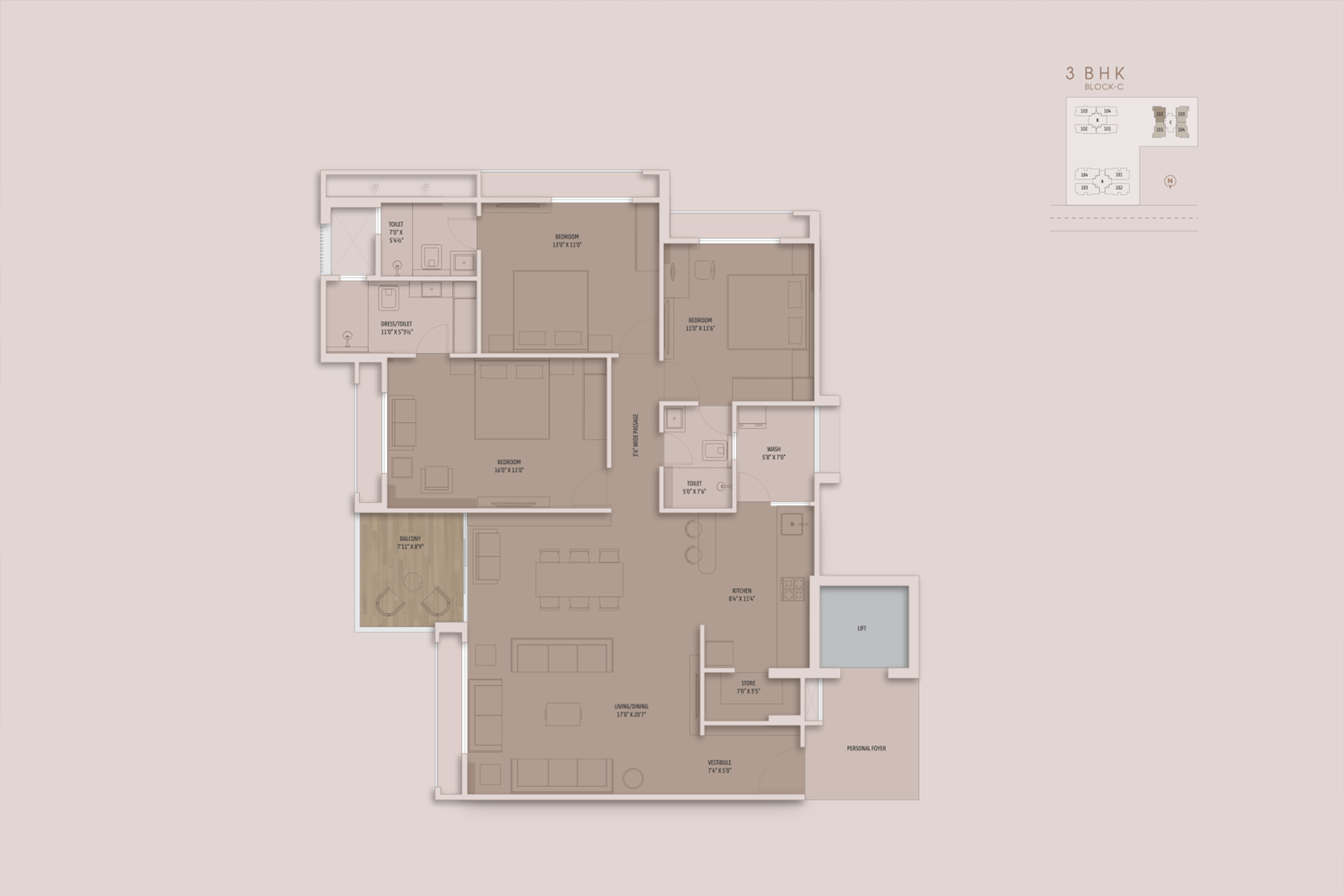 Unit Type A — 3 BHK floor plan